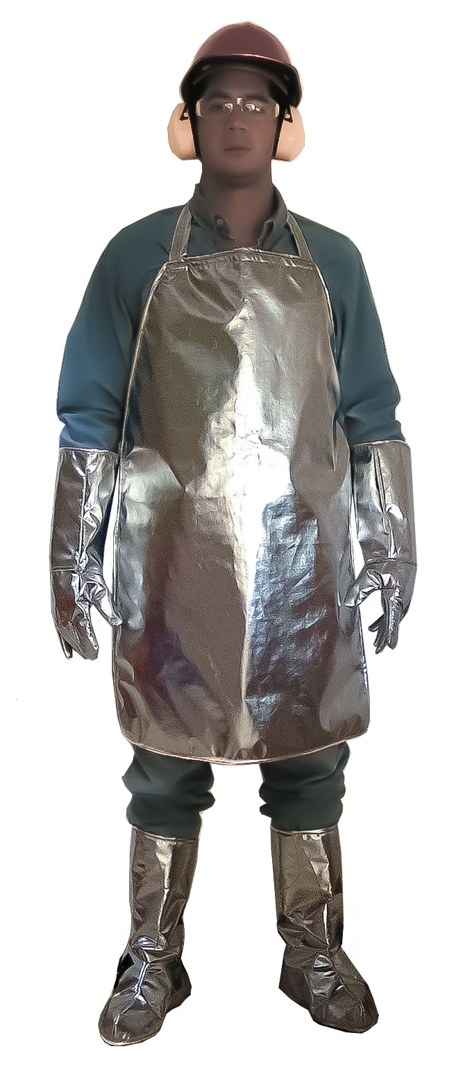 trabajador con uniforme de seguridad para trabajar con hornos idustriales, mandil, guantes y polaina aluminizada.